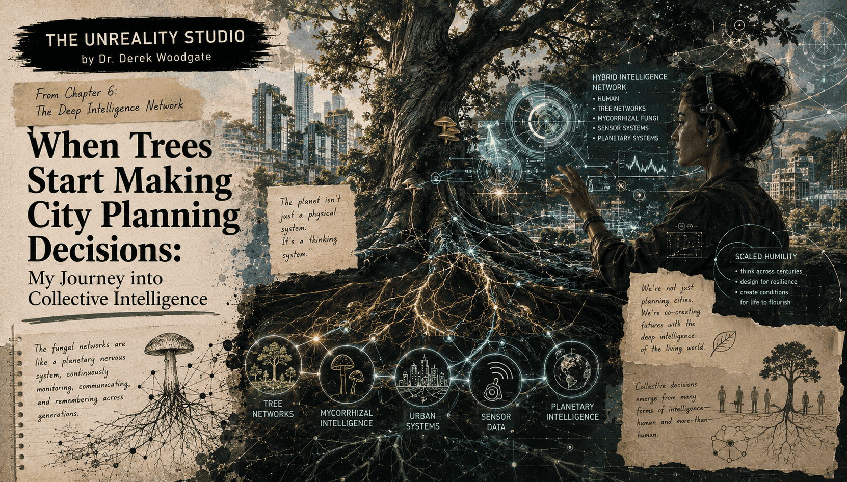 Ancient tree networks, mycorrhizal fungi, and smart city systems connected through collective intelligence in a futuristic ecological urban planning illustration.