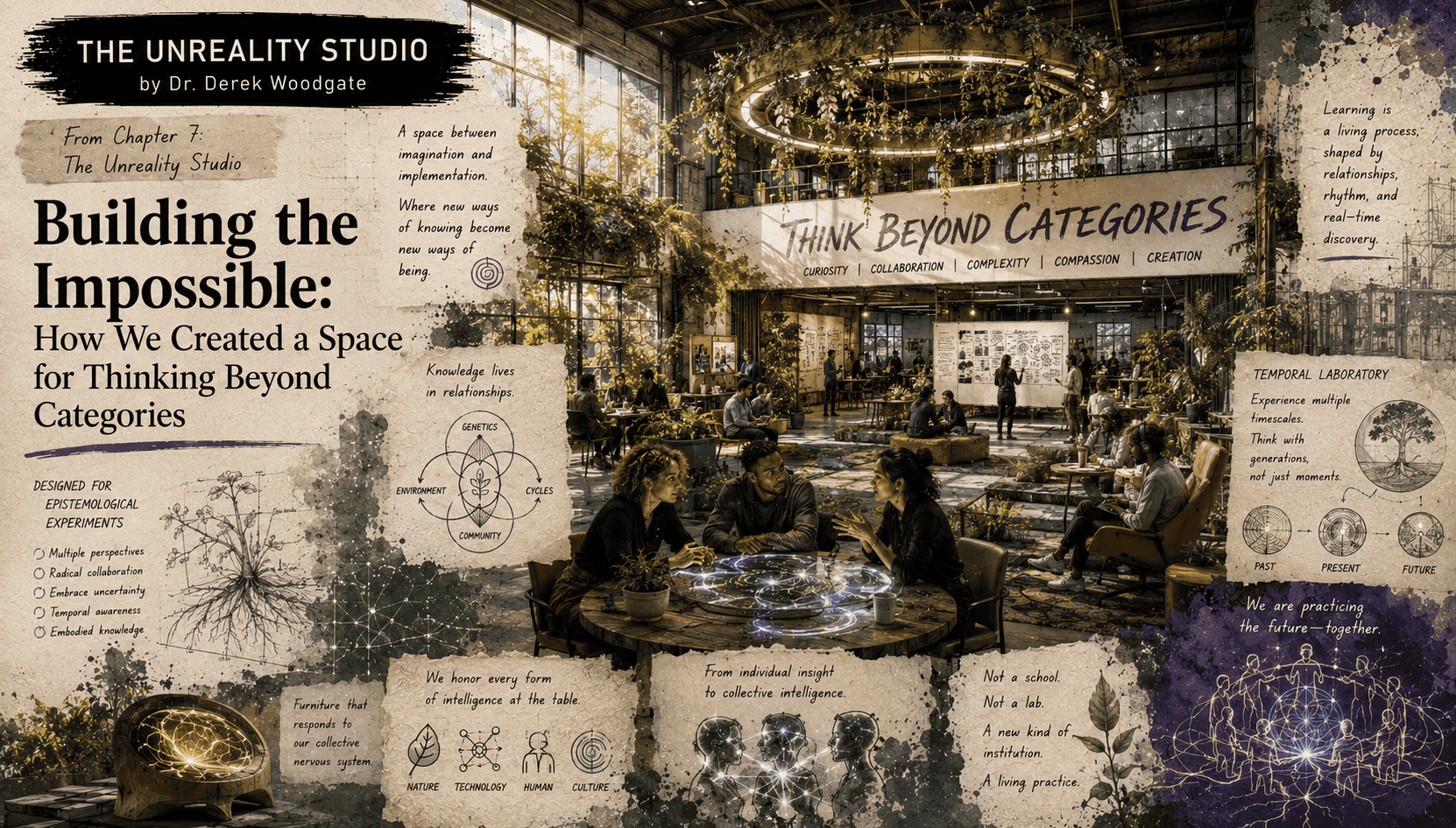 Collaborative innovation hub with adaptive learning spaces, collective intelligence, bio-responsive design, and interdisciplinary thinkers exploring ideas beyond traditional categories.