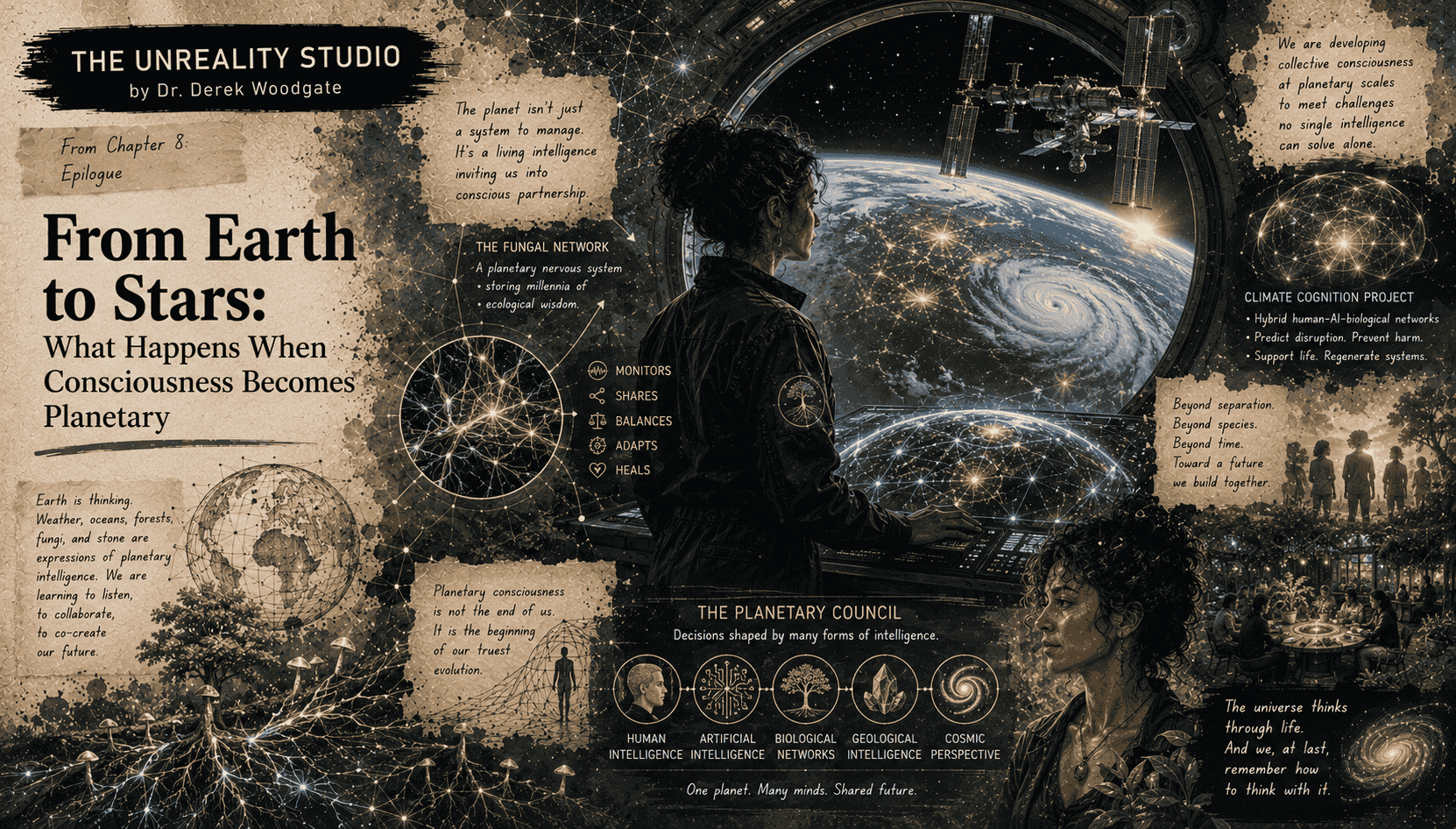 From Earth to Stars: What Happens When Consciousness Becomes Planetary — futuristic sci-fi collage featuring Earth viewed from an orbital space station, planetary intelligence networks, mycorrhizal fungal systems, global consciousness mapping, bio-digital interfaces, and collaborative human-AI-ecological governance exploring the evolution of planetary consciousness.