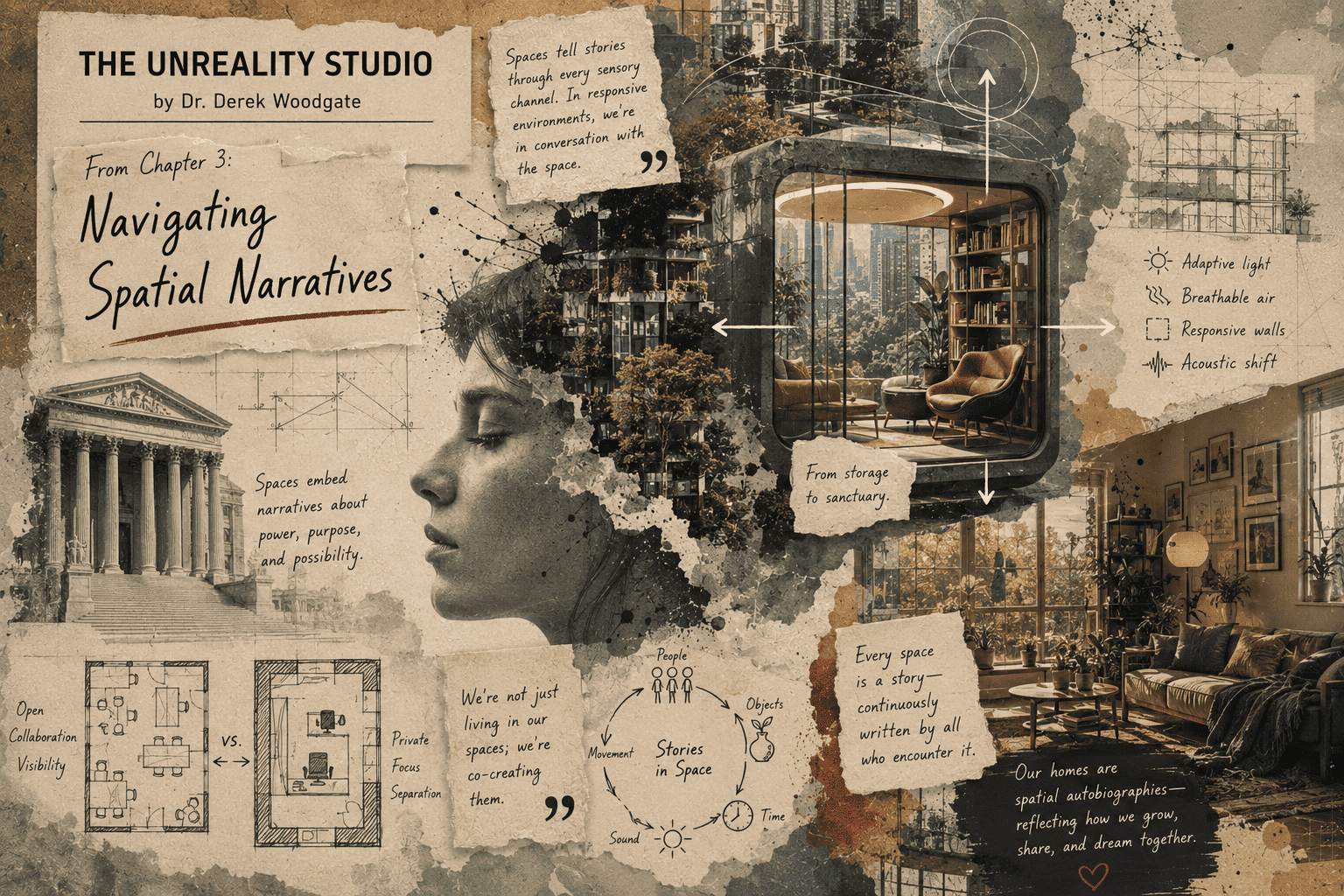 Surreal architectural collage for "The Stories Our Spaces Tell: How Architecture Shapes Consciousness," featuring responsive architecture, a futuristic glass thinking pod, urban vertical gardens, courthouse architecture, interior living spaces, architectural sketches, and a human profile symbolizing the relationship between space, design, and human consciousness.