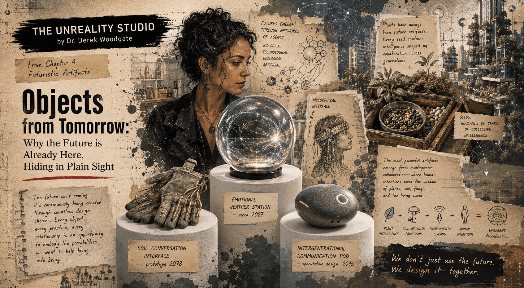 Objects from Tomorrow: Why the Future Is Already Here, Hiding in Plain Sight — surreal collage featuring futuristic artifacts, a glowing emotional weather station, speculative communication devices, seed intelligence, ecological technology, and multispecies design concepts exploring how humans, nature, and innovation co-create the future.