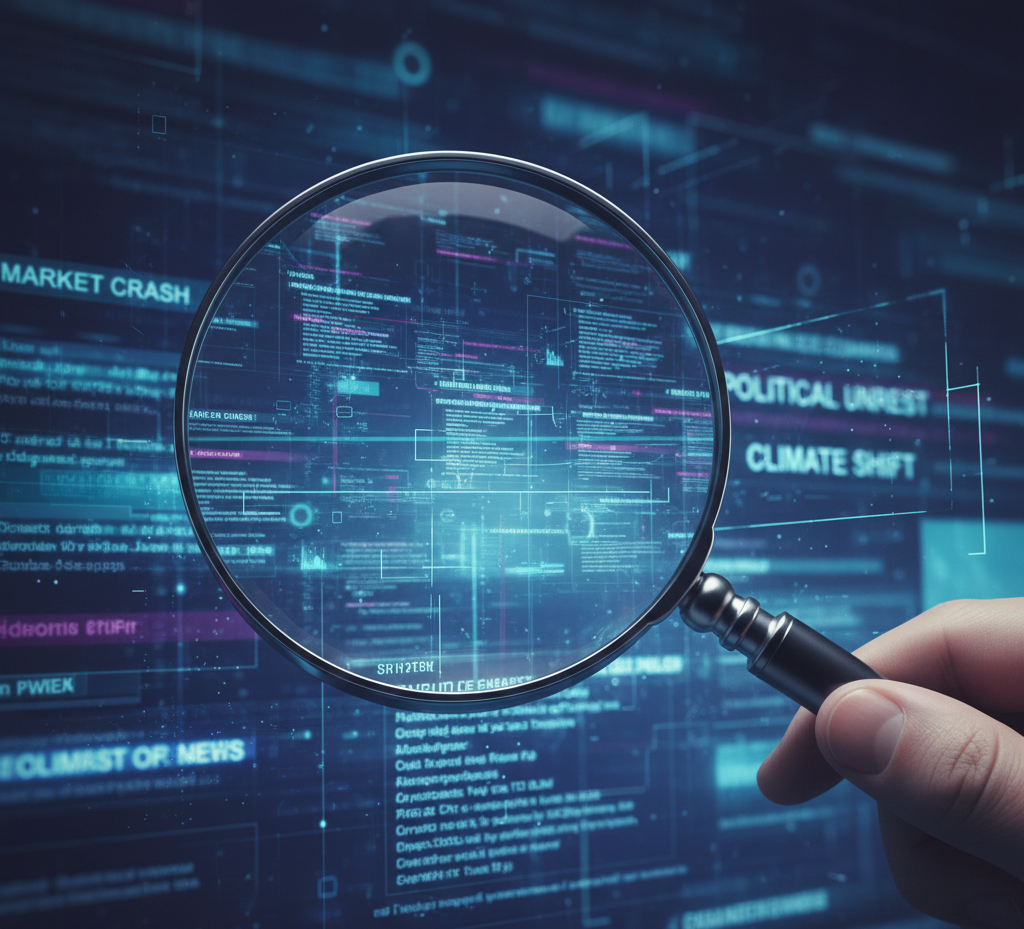 A magnifying glass hovering over layered digital news headlines and data streams, symbolizing information analysis and narrative control, cool tones, sharp focus, editorial style,.