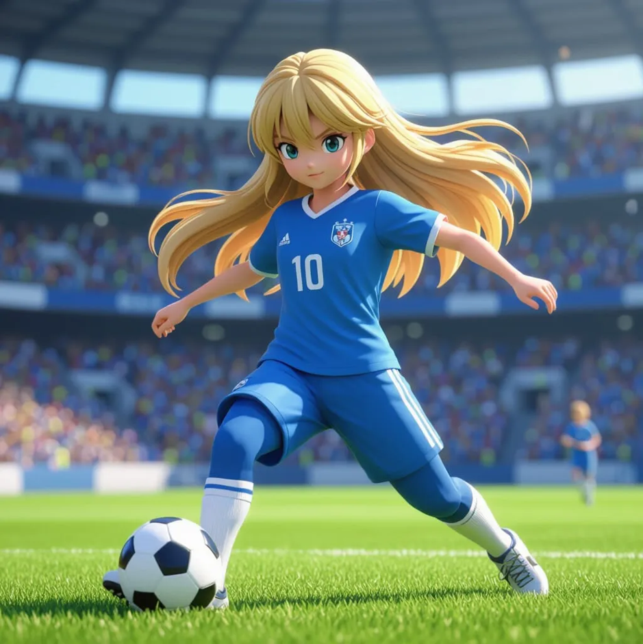 an animated girl playning footbal